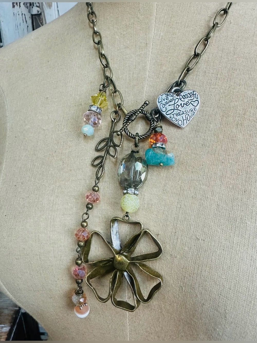 Gypsy Junk Blushing Olive Flower Chunky Charm Necklace